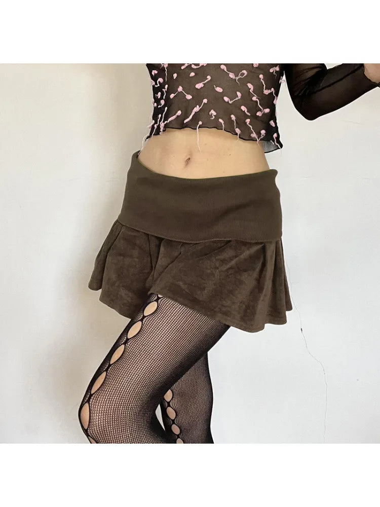 Advbridge  -  2024 New Vintage Brown Velvet Pleated Mini Skirt Women's Summer Coquette Aesthetic Y2K Outfits Girl Short Skirts Female Korean