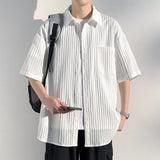ADVBRIDGE  -  Men's Vertical Stripe Lapel Textured Loose-Fit Short Sleeve Shirt Casual Breathable Top Comfortable Wear, Trendy Summer Style
