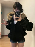 Advbridge Women Black Faux Fur Hoodies Vintage Korean Preppy Style Casual Zip Up Sweatshirt Harajuku Oversized Autumn Winter Coat