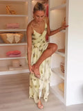 ADVBRIDGE  -  Printed Halter Women Dress V-Neck Waist Cinching Slimming  Silk Satin Sexy Suspender Robes Pleated Beach Long Dresses Summer New