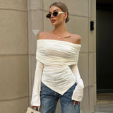 Advbridge Off Shoulder Long Sleeve Top Women's Sexy Slim Fit Pullover Top White Pleated High Waist Long Sleeve Off Shoulder Top