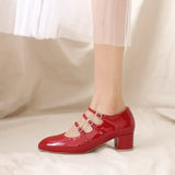 Advbridge French Marie Red Shoes Wedding Shoes Shallow V-Shape Buckle Vintage Thick Heel Genuine Leather Flats Women's Shoes Summer