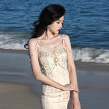 Advbridge French Vintage Gorgeous Party Mermaid Prom Dress Women Summer Strap Pearl Beading Dress Female Luxurious Long Evening Dresses