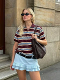 Advbridge  Burgundy Striped Casual Women T-shirt Summer Loose Polo Shirts Buttons New Female Tops Blouse White Tops Spring Shirt