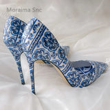 Advbridge Blue and White Porcelain Printed High Heels Women Pupms Pointed Toe Stiletto Single Shoes Banquet Temperament Women's Shoes