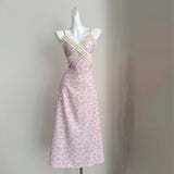 ADVBRIDGE  -  Summer Gentle Spaghetti Strap Chiffon Dress Women Korean V-Neck Lace Splicing Print Slim Long Dresses Pink Female Clothing