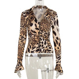 Advbridge Spring Fashion Leopard Print Long Sleeve Women Shirt 2025 New Sexy V-neck Ruched Blouses Chic Single Breasted Slim Shirts