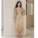 ADVBRIDGE  -  French Style Print Chiffon Long Dresses Women Puff Sleeve Fashion Irregular Ruffle Chic V-neck Retro Vestido Korean Casual Dress