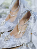 French Lolita Elegant Palaca Girl Shoes Noble Gentle Tea Party Lace Bowknot Pearls Gems Wedding Pointed Sandals 8cm High Heeled