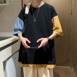 ADVBRIDGE  -  American Street Creative Patchwork Cotton Contrast T-shirt Men Summer Relaxed Short Sleeve Vintage Water Washing Top Q67