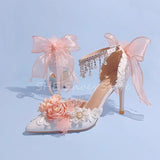 Advbridge Pearl Rhinestones One-Strap Women Sandals Wedding Dress Shoes Flowers Butterfly Knot Lolita Girl Mary Janes Hight Heels Pumps