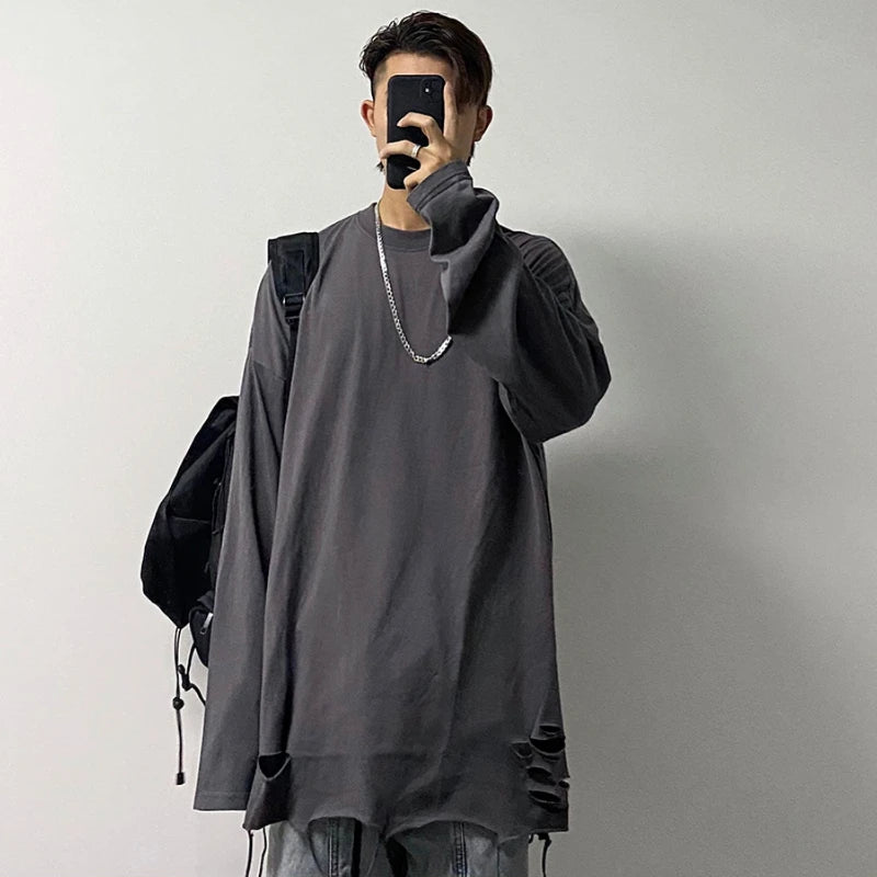 Advbridge Long Sleeve T-shirts Men Solid Loose Distressed Hole Spring Autumn High Street Broken O-neck American Style Teenagers Youthful