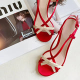 Advbridge Sweet Bowknot Open Toe Thin Heeled Sandals Women 2024 Summer Sexy Narrow Buckle High Heels Elegant Wedding Dress Shoes Red Pumps
