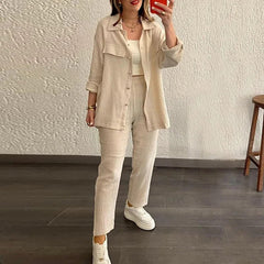 Advbridge Women Pant Sets Long Sleeve Turn Down Collar Button Shirt Loose Wide Leg Trouser Suit Outfits Ladies Two Pieces Set Clothing