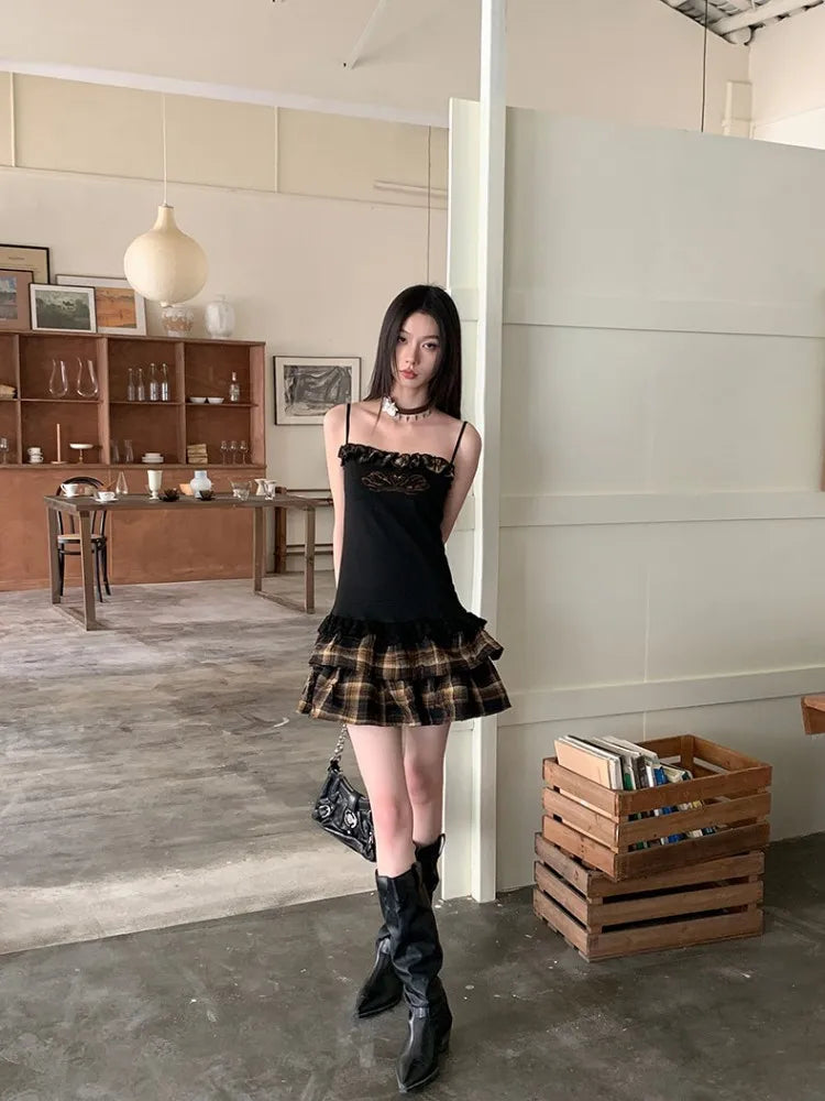 Advbridge Retro Embroidered Camisole Dress For Women'S Summer New Ballet Plaid A-Line Bra Chic Slim Fit Dress