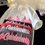 Advbridge Y2k Top high street demon T shirt Summer Harajuku Pink Cotton Loose Style Printed American Couples Round Neck Couple Gothic tops