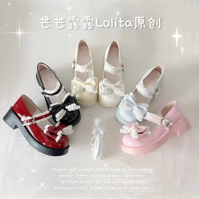 Advbridge Japanese Sweet Girl Single Shoes Original Luo Shoes Cute Bow Lace Middle Heel Lolita Tea Party Single Shoes