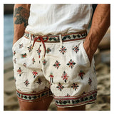 Advbridge Vintage Boho Florals Print Mens Patchwork Shorts Summer Beach Breathable Loose Casual Shorts For Men Fashion Drawstring Shorts