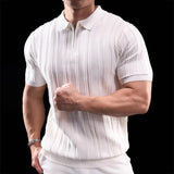 ADVBRIDGE  -  Trendy Striped Textured Men Polo Shirts Short Sleeve Zip-up Lapel Casual Polos Mens Clothes Summer Fashion Slim Knit Polo Shirt
