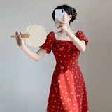 ADVBRIDGE  -  Spring Dress Women's Red Printed Retro Square Neck Dress Puff Sleeve Temperment Feminine Chiffon Vestidos Elegant Female
