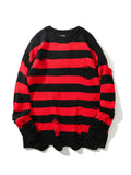 Advbridge High Street Retro Punk Red and Black Stripes Autumn Sweater Men Loose Ripped Hole Tassel Pullover Round Neck Casual Clothes