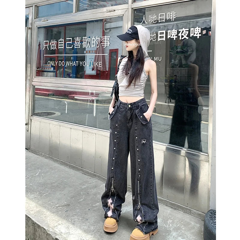 Advbridge Black High Waist Women Jeans Vintage Straight Casual Baggy Punk Hip Hop Y2K Street American Wide Leg Female Trouser Denim Pants