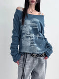 Advbridge Autumn Harajuku Women Printing Tees Vintage Streetwear Grunge Skew Collar Tops Y2k Aesthetic Loose Casual Hiphop Vintage Tops