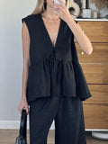 ADVBRIDGE  -  Black Elegant Summer Suits For Women New V Neck Lace-up Sleeveless Tank Top+Ruffle Trouser Fashion Casual Pants Sets 2 Piece Set