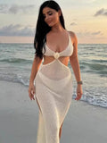 ADVBRIDGE  -  Sexy Knitted SD Flower Slim Beach Dress Women Retro Sleeveless Hollow Out Side Slit Long Dresses Female 2025 Chic Party Holiday