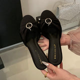 ADVBRIDGE  -  Green Heels Slippers Black Womens Sandals Silver Metals Crystals Low Heels Summer Shoes Leisure Ladies Stiletto Slippers