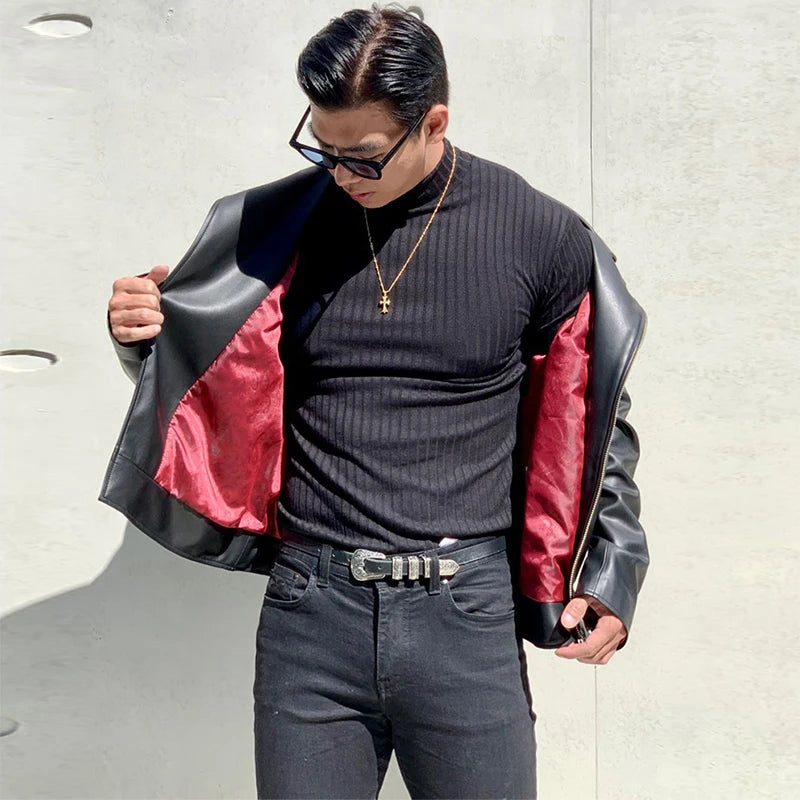 Advbridge Men Clothing Casual High Elastic Basic Tops Gym Male Fashion Long Sleeve Striped Pullovers Streetwear Turtleneck Shirts Tees