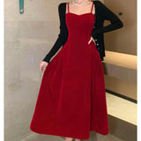 ADVBRIDGE  -  Vintage Velvet Spaghetti Strap Dress Women Elegant Party Sexy Slim Skirt French Autumn Winter High Waist Bottom Dress