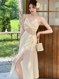 Advbridge Summer Hollow Out Womens Dresses French Style Spaghetti Strap Sleeveless Birthday Party Dress Korean Spring Casual Vestidos New