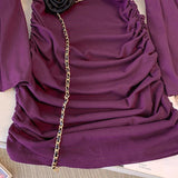 ADVBRIDGE  -  Diagonal Collar Cocktail Party Dress Women Elegant Purple Pleated Flared Sleeve Classic Skirt Fashion Slim Lady Fall Dress