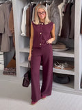 Advbridge Women Pants Set O-neck Knitted Single Breasted Vest Loose Elastic Waist Wide Leg Pants Suit Lady 2025 Spring Female Outfits ﻿