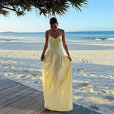 ADVBRIDGE  -  Fashion Solid V Neck Robes Chic Pleated Sleeveless Off Shoulder Puffy Long Dress New Women's Summer Vaction Beach Vestidos 2025