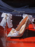 Advbridge Elegant Retro Lolita Court Style Lolita Flower Wedding Gorgeous Satin Bow Pearl Gem Ribbon Bowknot 7.5-10.5cm High Heels Shoes