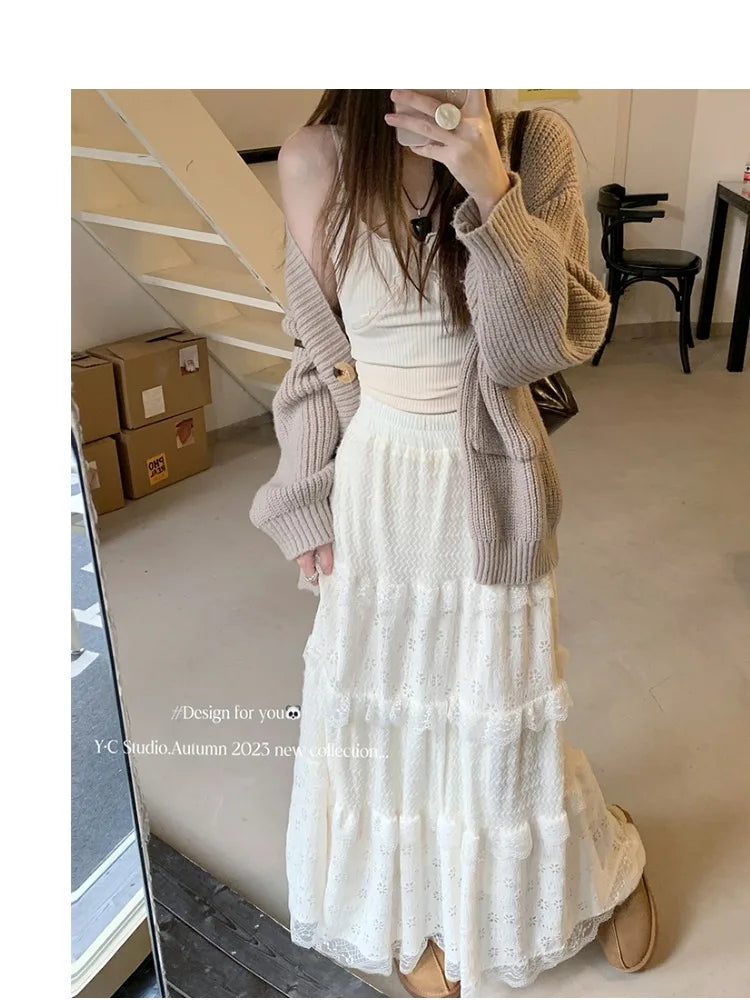 ADVBRIDGE White Half Skirt Women Winter High Waisted A Line Cake Skirts Gentle Style Design Niche Hook Flower Long Bottoms