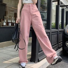 Advbridge - 2024 Harajuku Loose Pink Jeans Women Streetwear High Waist Wide Leg Pants Woman Simple Baggy Straight Trousers Female