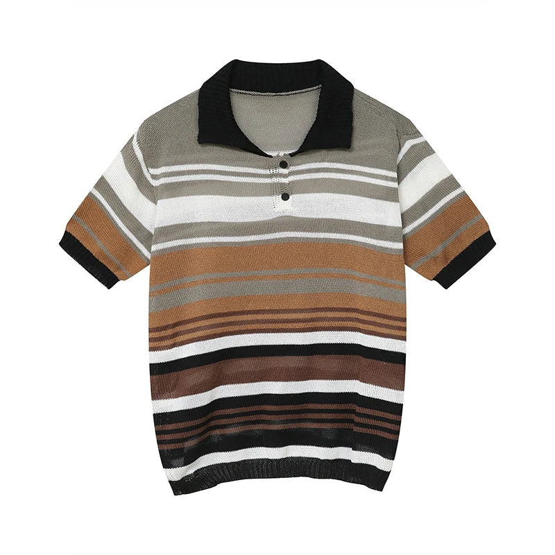 Advbridge Summer Men's Clothing Light Luxury Mesh Striped Polo Shirt Korean Short Sleeve Button-down Retro Fashion Leisure Loose Knitwear