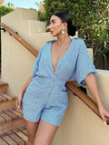 Advbridge Turn-down Collar Summer Linen Romper Women Stripes Pocket Casual Wide Leg Batwing Sleeve Blue Playsuit Button Jumpsuit