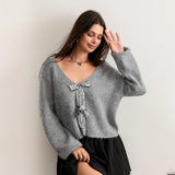 Advbridge Women's Y2K Cute Fall Glitter Sequined Bow Tied Front Loose Fit Sweater Long Sleeve V-Neck Cropped Knitwear Cardigans