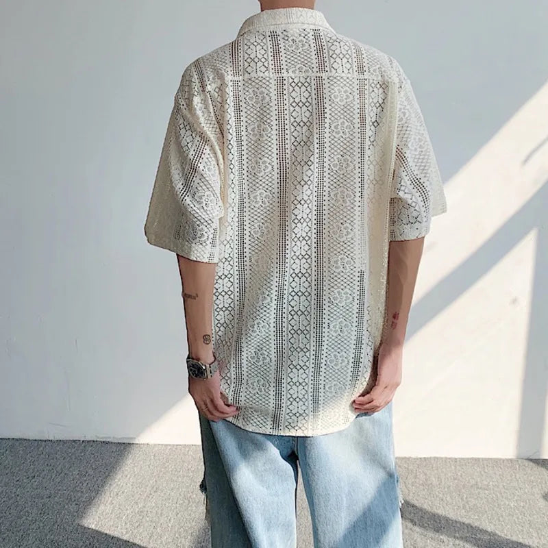 Advbridge Men's Fashionable Korean Style Hollow Out Turn-down Collar Trendy Single Breasted Short Sleeve 2024 Summer New Lace Top