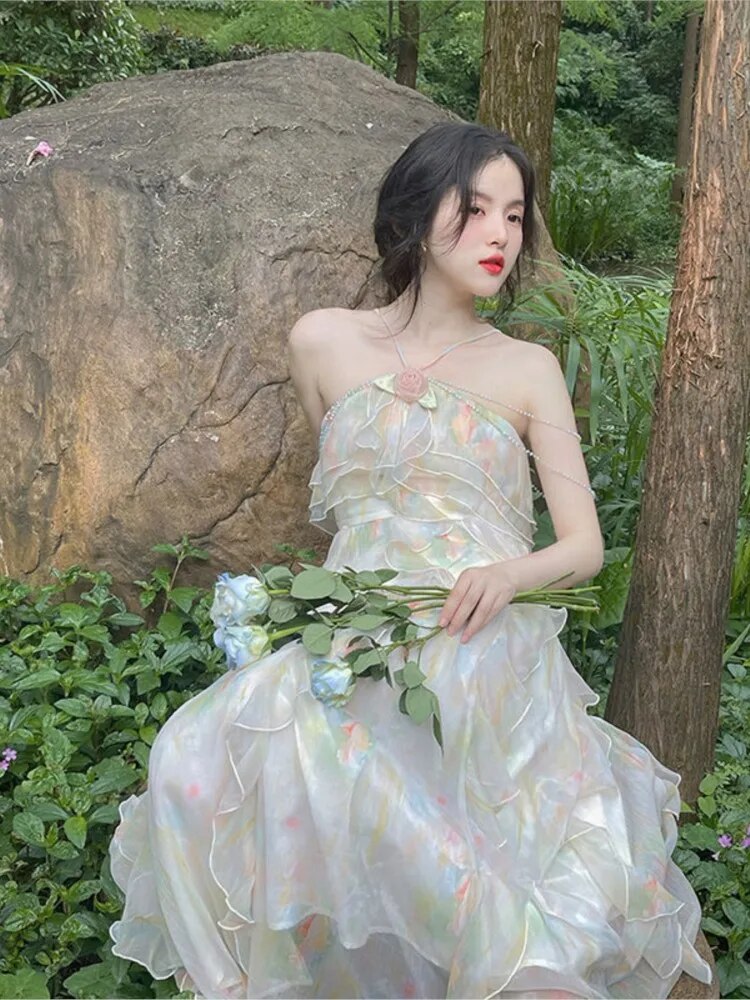 Advbridge France Vintage Sweet Tie-dyed Fairy Dress Summer Women Elegant Chic Ruffles Princess Dresses Female Casual Beach Vestidos