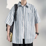 ADVBRIDGE  -  Men's Vertical Stripe Color-Block Lapel Loose-Fit Short Sleeve Shirt - Casual Breathable Top, Trendy Summer Style, Relaxed Fit