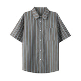ADVBRIDGE  -  Men's Vertical Stripe Color-Block Lapel Loose-Fit Short Sleeve Shirt - Casual Breathable Top, Trendy Summer Style, Relaxed Fit