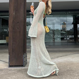 ADVBRIDGE  -  Backless Long Knit Beach Dress Women Holiday Casual See-Through Long Sleeve O Neck Hollow Out Long Dress Bikini Cover Up