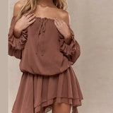 ADVBRIDGE  -  Chic Low Neck Lace Up Mini Dress Elegant Solid Flare Sleeve Pleated Off Shoulder Gown New Women Highstreet Holiday Dresses 2025