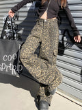 Advbridge Leopard Print Pants Women Y2K High Waist Multiple Pockets Vintage Trousers Streetwear Hip Hop Loose Wide Leg Cargo Jeans