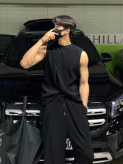 Advbridge Korean High Street Men's Pleated Two Piece Vests Trendy Wide Leg Set Pants Sleeveless Tank Top Casual Shorts 2024 Spring Summer